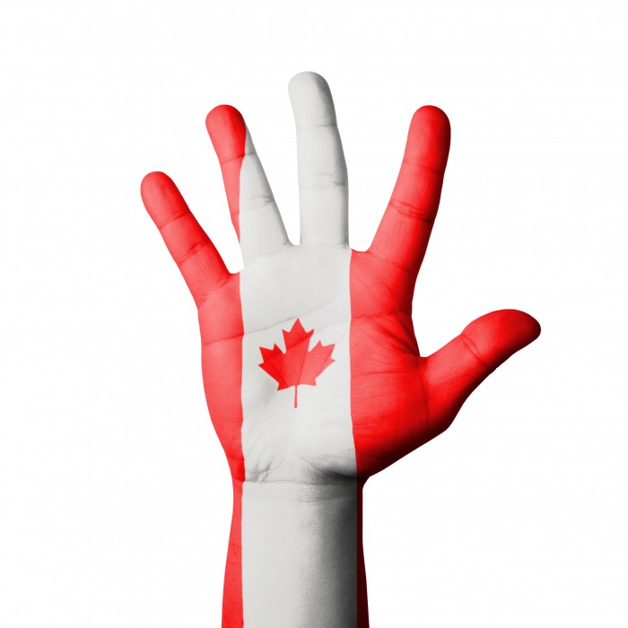 Open hand raised, Canada flag painted