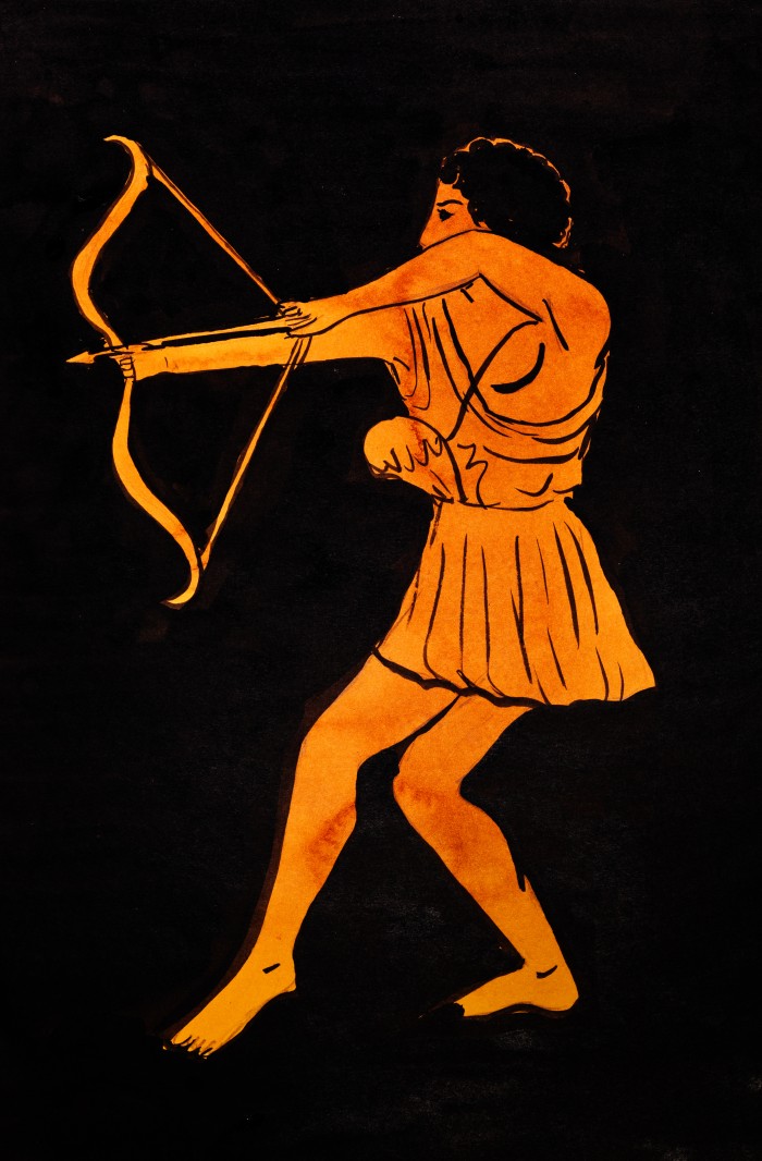 A classic Greek archer pulling a bow
