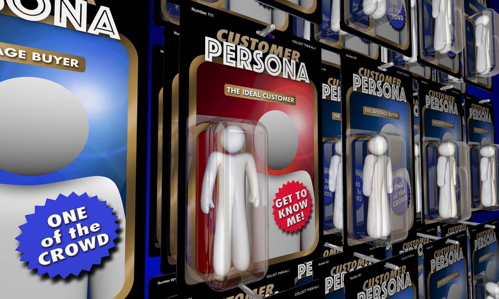 An illustration of 'Customer Persona' action figures in a store display with copy that reads 'Ideal Customer' and 'Get to Know Me'