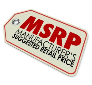 MSRP acronym or abbreviation on a store price stag to illustrate a product whose cost is the manufacturer's suggested retail price