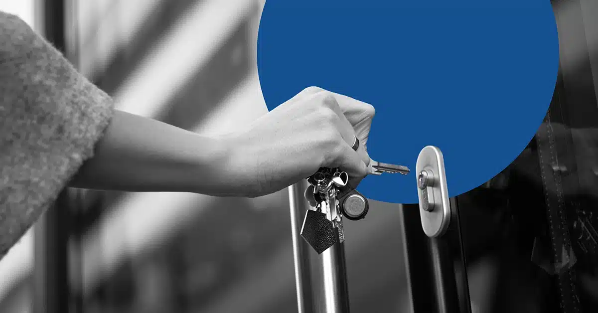 Internet of things unlocking the future of marketing illustrated by a key opening a locked door.