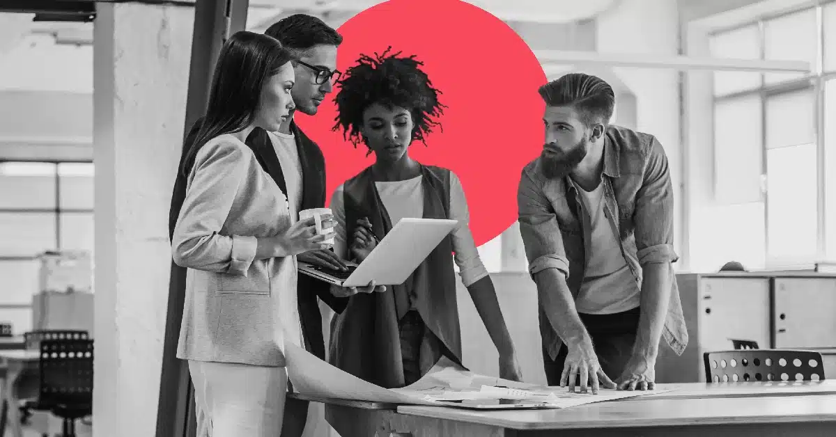 Group of marketers working on their brand voice.