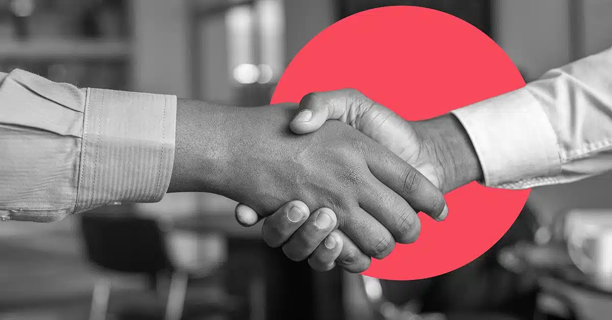 Permission-based email marketing concept illustrated by a handshake between the marketer and marketing email recipient.