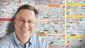 This is a thumbnail image for the Rethink Podcast featuring an interview with Scott Brinker discussing todays modern marketer.
