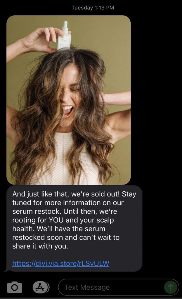 Screenshot of SMS marketing examples from Divi, showing a picture of a woman applying a hair care …