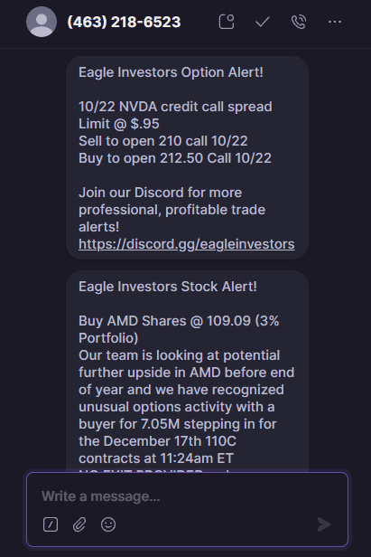 Screenshot of SMS marketing examples from Eagle Investors, showing alerts on stock prices.