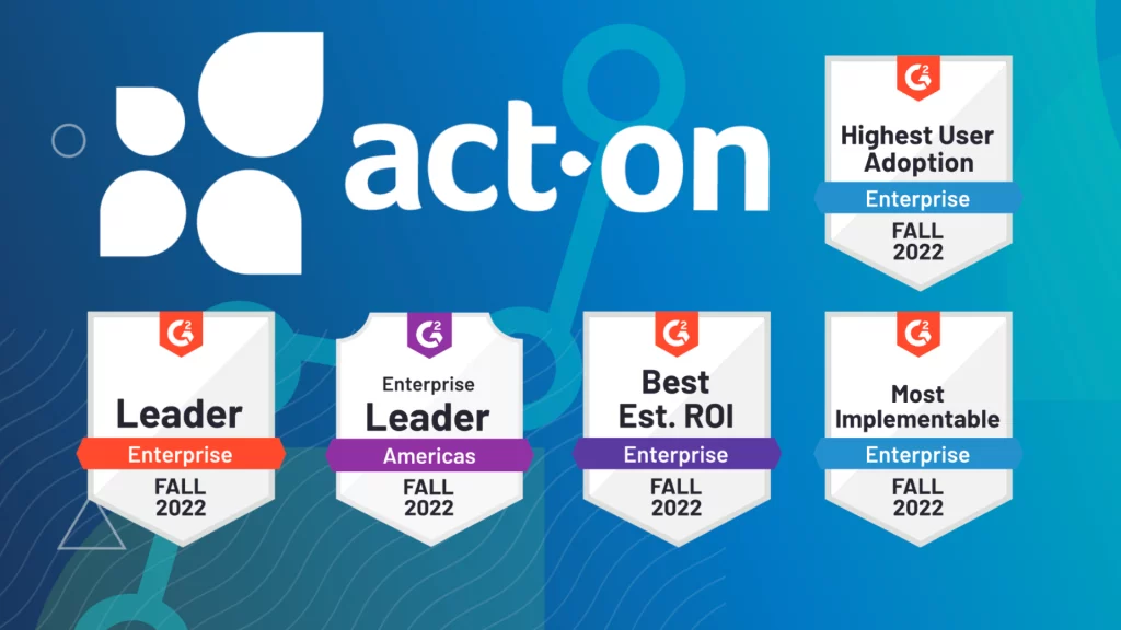 act-on logo with award seals from G2 for highest user adoption enterprise fall 2002, leader enterprise fall 2022, enterprise leader americas fall 2022, best estimated ROI enterprise fall 2022, most implementable enterprise fall 2022