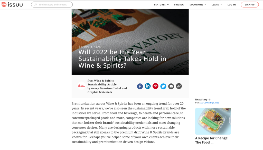 A screenshot of an online content marketing publication from Avery Dennison on the topic of wine manufacturing.