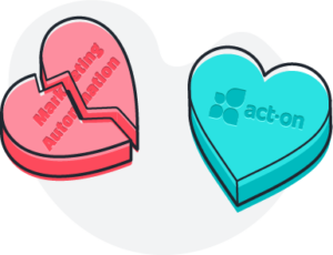 Two cartoon conversation hearts. A broken one reads "marketing automation" and another features the Act-On logo.