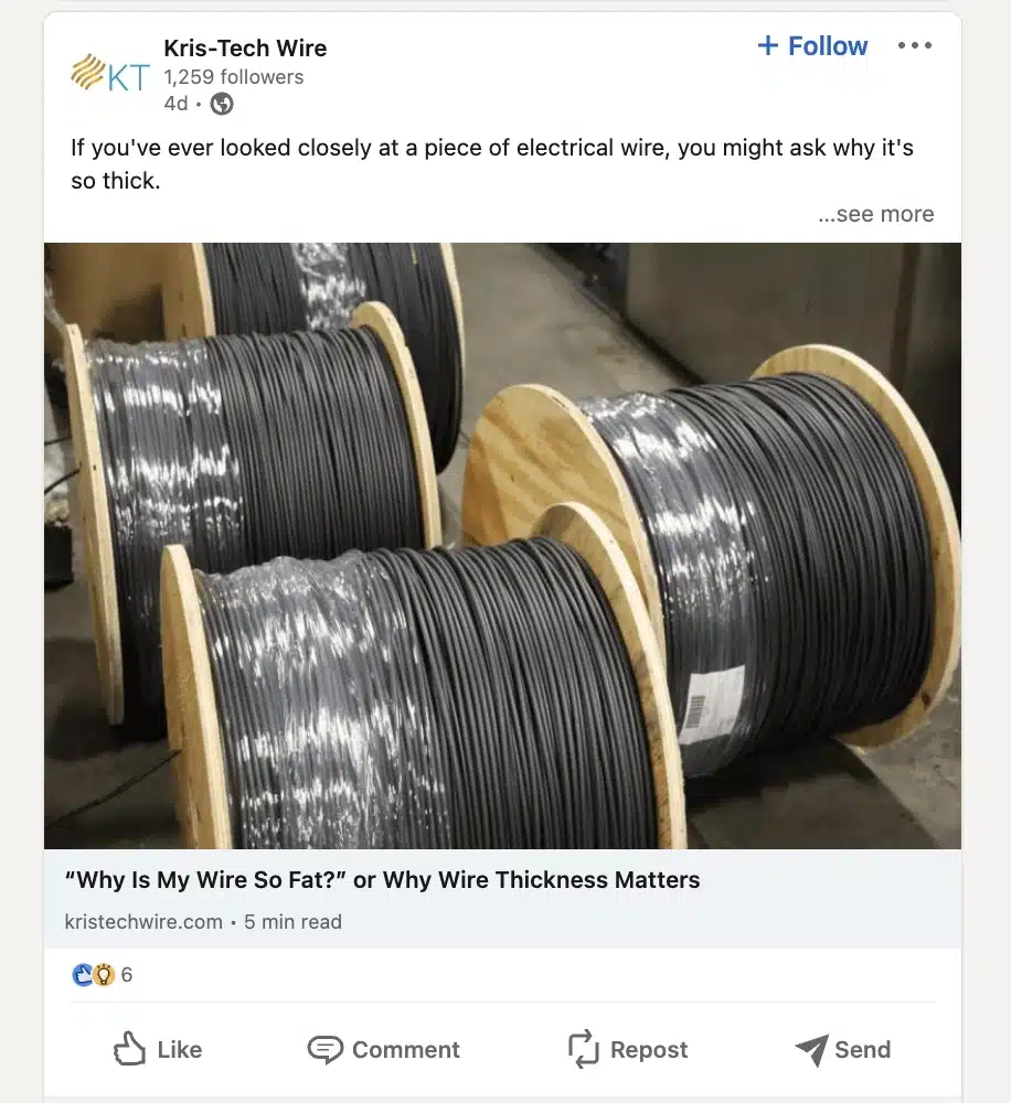 A screenshot illustrating Kris_tech Wire's manufacturing marketing strategy utilizing a LinkedIn post and good humor.