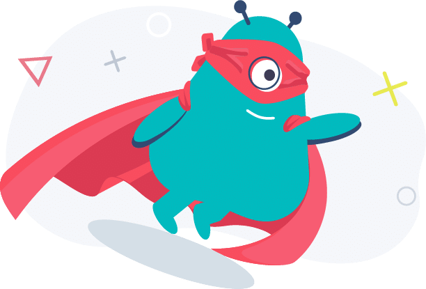 An Act-On alien mascot character in superhero cape and mask midflight