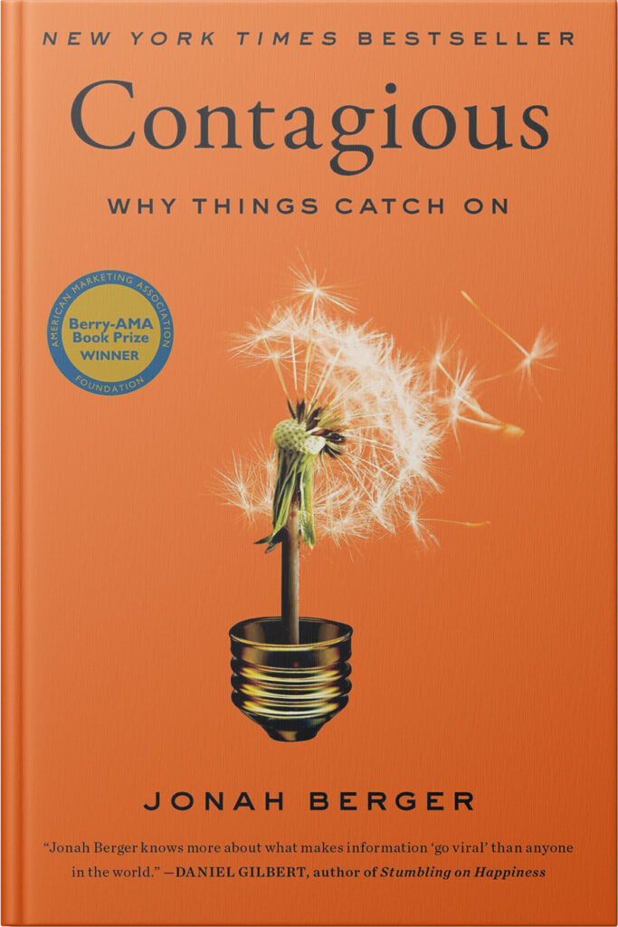 Cover image of Contagious by Jonah Berger, one of the best books on marketing. Illustration shows a light bulb merged with a dandelion cap.