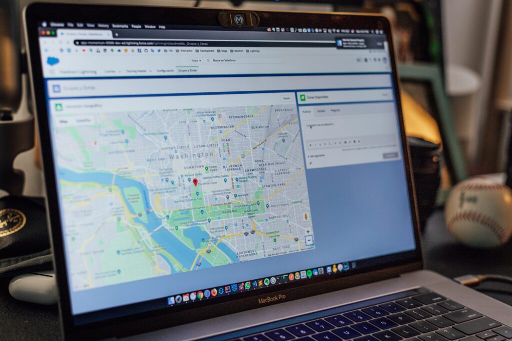 Laptop screen showing a map to illustrate the digital advertising term "geographic targeting"