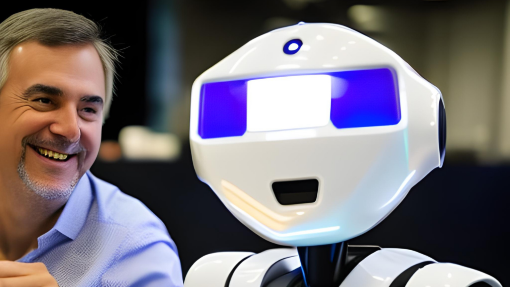 AI marketing automation: A smiling man and a robot interact in an AI-generated image. 