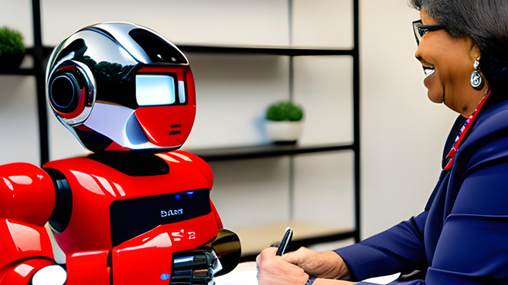 AI marketing automation: A businesswoman interviews a sleek robot in a conference room.
