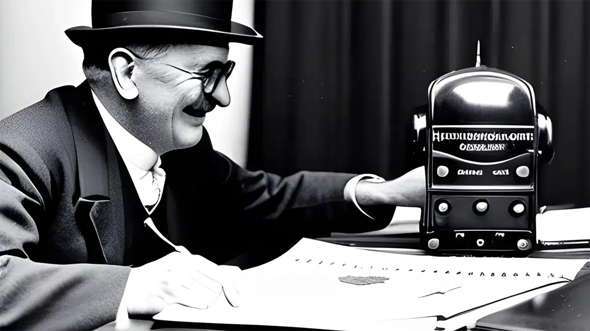 A black and white image shows an old-fashioned, 19th century reporter interviewing a robotic subject.