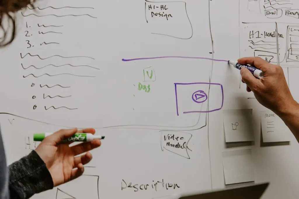 a closeup of two hands with markers sketching ideas for a shared MQL definition on a white board.