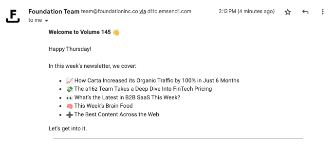 An email content marketing newsletters example screenshot