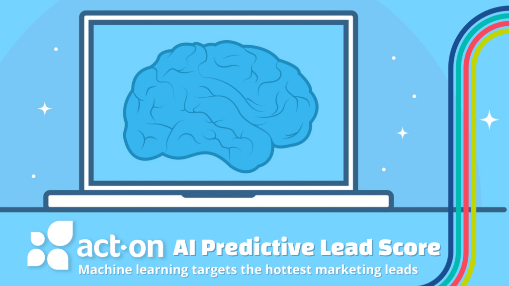 Illustration reads: Act-On AI Predictive Lead Score: Machine learning targets the hottest marketing leads and uses a brain and laptop screen to illustrate the idea of ai lead scoring.