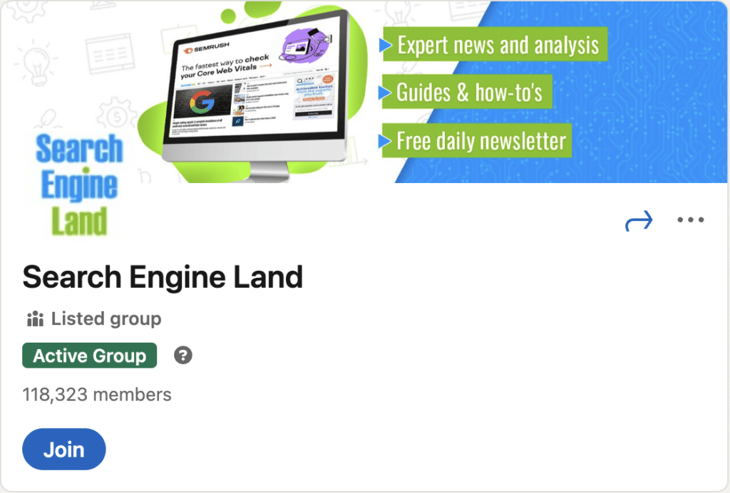 A screenshot of the linkedin marketing groups banner for Search Engine Land.