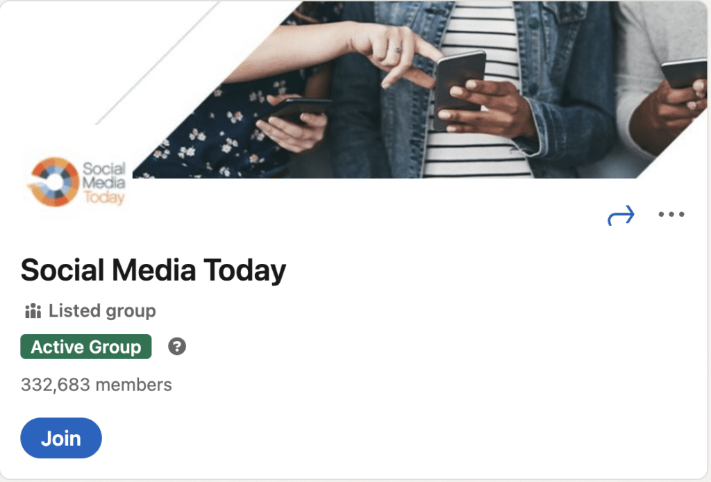 A screenshot of the Social Media Today LinkedIn marketing group.