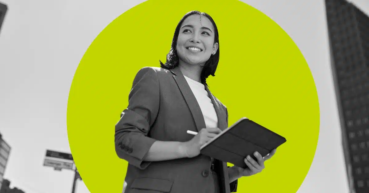 Smiling woman learning SEO basics.