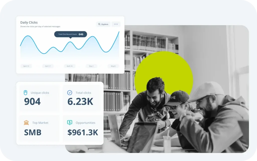 composite image: team in black and white gather around laptop running marketing analytics software, graphs and data are illustrated in collage style