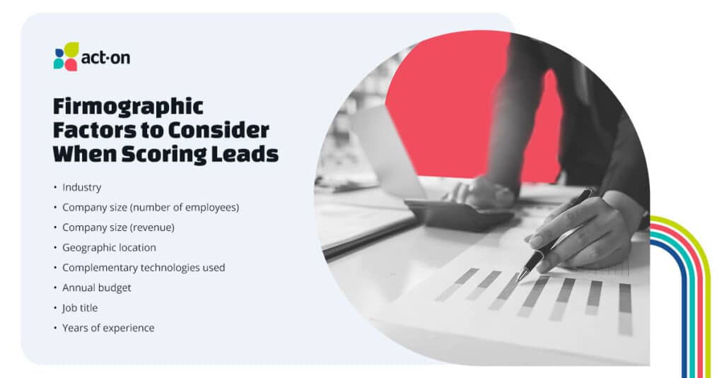Firmographic factors to consider when scoring leads:
Industry
Company size (number of employees)
Company size (revenue)
Geographic location
Complementary technologies used (CRM, ERP, DAM, etc.)
Annual budget
Job title
Years of experience
