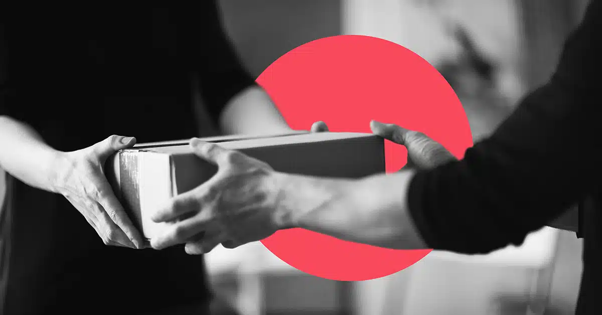 in black and white, a parcel handoff is illustrated to symbolize deliverability
