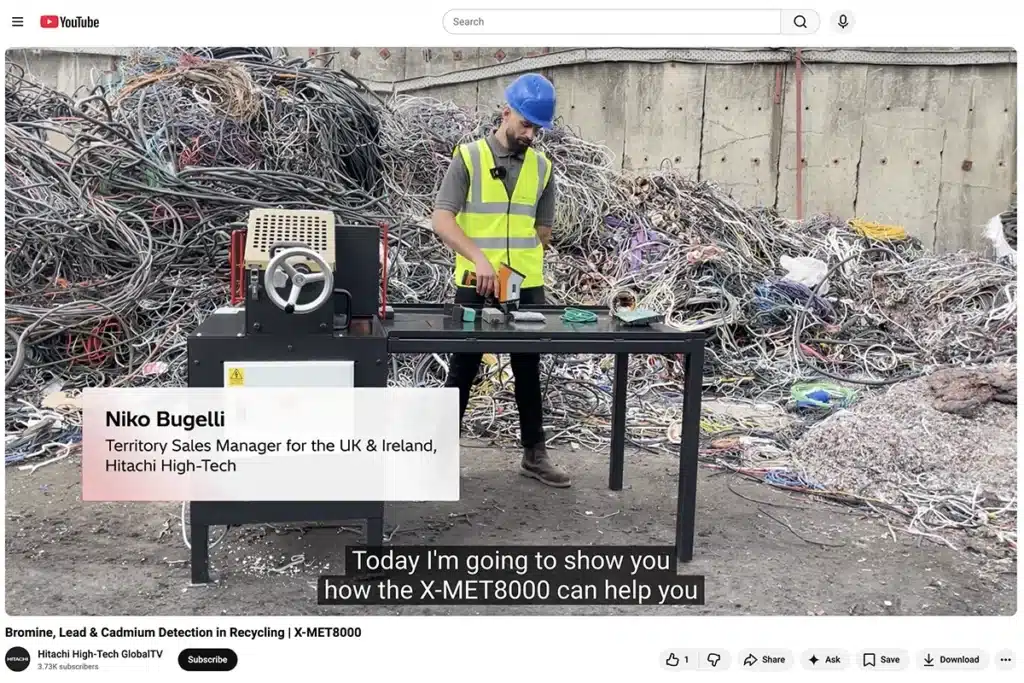 Screenshot of a manufacturing marketing campaign example from Hitachi showing their informative YouTube channel.