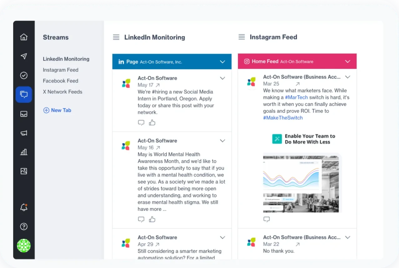 Act-On's social media listening and automation dashboard.